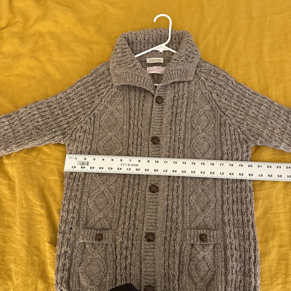 Carraig Donn Aran Sweater Cardigan Women Sz L Beige Wool Cable Knit pocket - Picture 13 of 13
